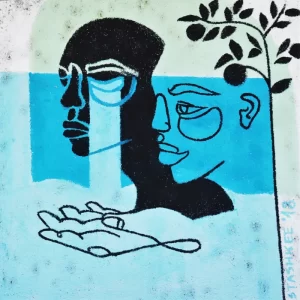Graffiti: Zwei Gesichter und offene Hand als Symbol für psychologische Hilfe. Systemische Therapie. HealthMind